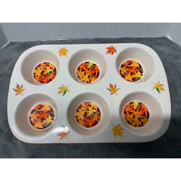 Ceramic Fall Leaves Muffin Pan Design 6-Cup By Certified International seasonal - Picture 2 of 11